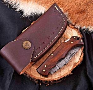 Nordic Forge Industrial Grade Damascus Steel Folding Blade Knife Rosewood Handle Leather Sheath Pocket EDC Hunting Camping Knife - Product Image 3