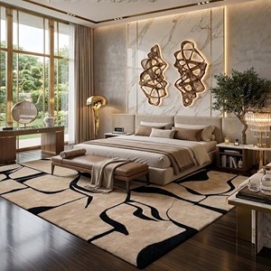 Tapis de luxe en laine abstrait, moderne, tufté à la main, noir et beige, pour salon, chambre à coucher, design contemporain, tapis décoratif - Product Image 3