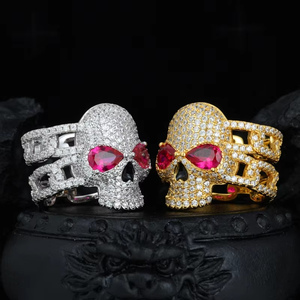Anillo de Calavera para Hombre de Plata 18k con Diamante Cultivado en Laboratorio, Corte Pera, Certificado IGI, Ojo Rojo, Estilo Hip Hop Gótico Punk Rock Streetwear, Anillo de Pinky - Product Image 2