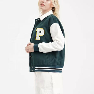 Chaqueta Varsity para Mujer, Verde Oscuro con Mangas Blancas, Letra P Bordada en la Parte Delantera, Cuello Camisero, Manga Larga, para Otoño - Product Image 6