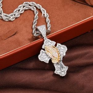 Two Tone Praying Hands Cross Pendant Hip Hop Iced Out Baguette Diamond Crucifix <b>Charm</b> Men Sterling <b>Silver</b> Gold Bling jewelery - Product Image 2