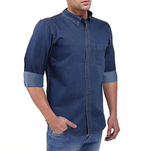Turn Down Collar Denim Blue Color Button Up Long Sleeve Casual Fashion Jeans <b>Tops</b> Denim Shirts for Men - Product Image 2