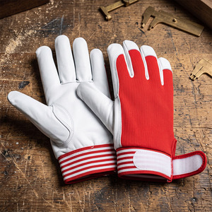 Gants de travail en cuir grainé blanc de haute qualité avec dos en coton rouge interlock et poignet élastique, adaptés à l'assemblage et à la conduite - Product Image 5