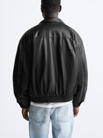 Blouson Bomber en Cuir Noir pour Homme, Col Rabattu, Fermeture Éclair, Coupe Décontractée Hiver, Couleur Unie, Logo Avant