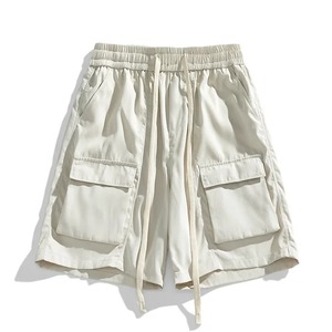 Shorts cargo pour homme, taille mi-haute, cordon de serrage, couleur unie, toile, décontracté, respirant, avec poches, longueur Bermuda, 100% coton - Product Image 3