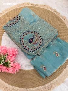 Sari-Blouse Femme en Satin Spatial à Paillettes et Broderies Motifs Traditionnels avec Bordure Brodée – Idéal pour Tenues Occasionnelles - Product Image 4