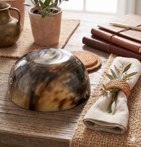 Bol décoratif vintage de luxe en corne de buffle sculptée à la main avec incrustation à pois |   Vaisselle artisanale écologique - Product Image 6