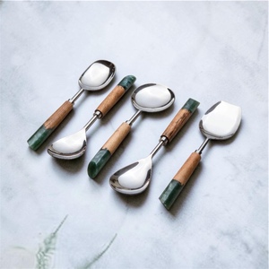 Minimalist Serving Spoon Set Wood Handle <b>Mirror</b> Finish Silver Plated Durable Kitchen Utensils - Product Image 2