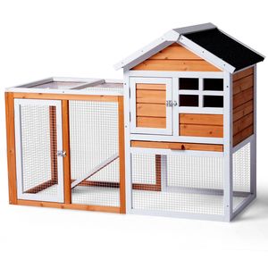 Casetta per conigli in legno di abete arancione con vassoio superiore, Pollaio da esterno e Gabbia da interno per conigli, Cuccia per porcellini d'India per animali domestici - Product Image 5