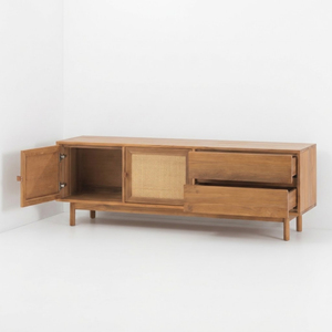 Buffet en bois de teck avec portes et tiroirs en rotin, finition naturelle, pour salle à manger, hôtel, villa, restaurant, meubles en gros - Product Image 2