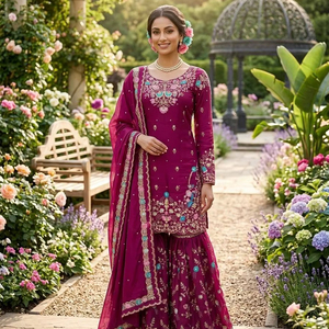 Ensemble de robe Anarkali en soie JMC pour femmes, avec pantalon Sharara, pour les occasions spéciales - Product Image 1