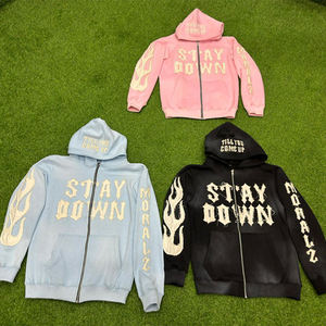 เสื้อฮู้ดดี้ผู้ชายสไตล์สตรีทแวร์สำหรับฤดูหนาว ผ้าฟลีซออร์แกนิค 100% หนัก 500 GSM ซิปติดโลโก้ปักแบบดิสเทรส  ฟอกสีซันเฟดแบบแอซิด - Product Image 1