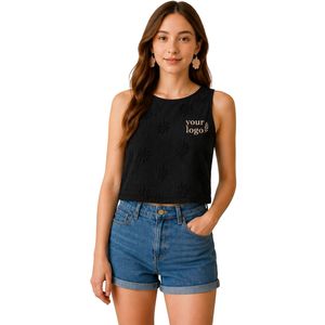 Top Corto Negro con Bordado Floral para Mujer, Chaleco de Verano sin Mangas de Algodón, Logotipo Personalizado, Moda Casual Urbana - Product Image 1