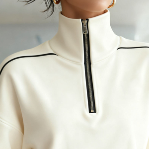 เสื้อสเวตเชิ้ตผู้หญิงคอเต่าแบบซิป คอตตอนเฟรนช์เทอร์รี่ 380 กรัม สีขาวล้วน สวมใส่สบาย เหมาะสำหรับฤดูใบไม้ร่วง สไตล์ลำลอง - Product Image 3