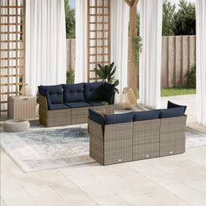 Set di divani da giardino in polyrattan grigio da 7 pezzi con cuscini, mobili da esterno resistenti - Product Image 1