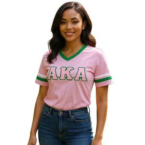Camiseta AKA con cuello en V para mujer, camiseta de algodón con letras en rosa, gris y verde, ropa griega informal de manga corta, Top cómodo de verano - Product Image 1