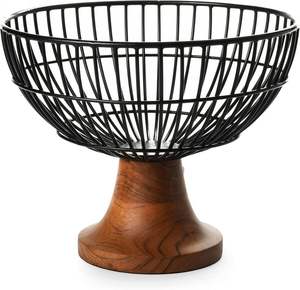 Panier de rangement pour fruits et pain, de qualité luxueuse, en métal noir, avec revêtement en poudre, design antique et élégant, avec base en bois. - Product Image 6