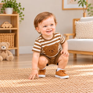 Ensemble t-shirt rayé et short pour tout-petits garçons, ensemble de vêtements d'été 2 pièces avec patch ours mignon - Product Image 4
