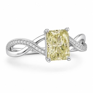 Bague de fiançailles en diamant jaune taille radiant en or blanc 18 carats avec sertissage à griffes et bande pavée, bijoux fins classiques pour femme - Product Image 4