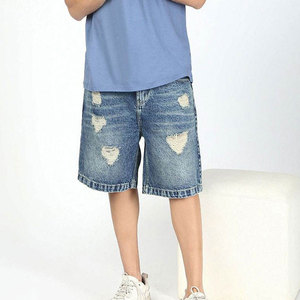 Customized <b>Men's</b> High Quality Distressed Denim Short Pant <b>Men</b> Mid Waist Straight Leg <b>Stretch</b> Denim Shorts For <b>Men</b> - Product Image 4