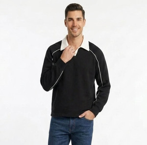 Men's Black Long Sleeve Knitted <b>Polo</b> <b>Shirt</b> With <b>White</b> Collar And Trim Casual Solid Style Regular Fit - Product Image 2