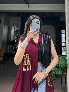 Two Tone African Boubou <b>Kaftan</b> Vest Sleeveless V Neck Front Drawstring Ruffle Trim Ethnic Women Outfit - Product Image 5