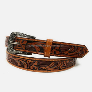 Many Designs and Custom Sizes Hand Carved Floral Embossed Unisex Western <b>Leather</b> <b>Tooling</b> Belt with Cowboy Buckle Set - Product Image 1