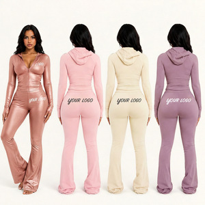 Ensemble de survêtement deux pièces pour femme : veste zippée et pantalon évasé, tenue de sport décontractée urbaine, vente en gros - Product Image 1