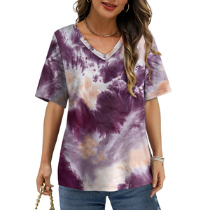 Camisetas de Mujer al por Mayor con Logotipo de Marca Personalizado, 100% Algodón, 180 GSM, Cuello en V, Manga Corta, Holgadas, Casuales, Tie Dye, Transpirables para Verano - Product Image 1