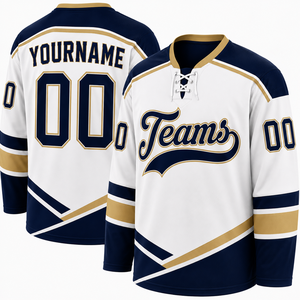 Jersey de Hockey Personalizado Blanco, Azul Marino y Dorado, Uniforme de Equipo de Hockey sobre Hielo, Jersey Deportivo Sublimado de Manga Larga con Nombre y Número del Jugador - Product Image 6
