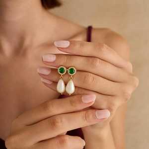 <b>Emerald</b> Pave <b>Drop</b> Pearl <b>Earrings</b> 925 Sterling Silver 14K Gold Plated Wedding Jewelry For Women Elegant Gift - Product Image 5