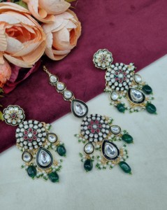 Elegant Kundan Pearl Strand Choker <b>Necklace</b> Set With Earrings And Mangtika Traditional Ethnic Festive Wear Jewellery Collections - Product Image 6