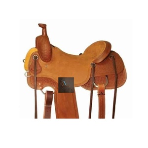 Sillín de cuero marrón para carreras de barriles estilo western, con asiento rígido de cuero rugoso color canela, diseño de cesta ondulada grabado a mano y correas de latigo, de 10 a 18 pulgadas - Product Image 3