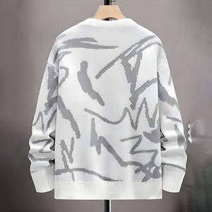Suéter de Cuello Redondo para Hombre, Color Blanco con Patrón Abstracto Gris, Manga Larga, Tejido Transpirable a Máquina - Product Image 2