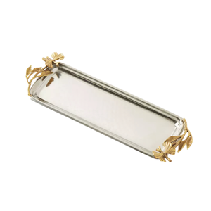 Plateau de service rectangulaire en acier inoxydable martelé avec poignées en forme de branche florale plaquées or, plateau décoratif en métal pour la maison et l'hôtel - Product Image 3