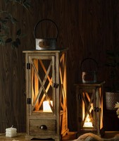 Art Empire Exports Lanterne carrée en bois naturel avec panneaux de verre, faite à la main, rustique, impression 1 couleur, porte-bougie, décoration intérieure, Noël