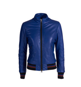 Women's blue Genuine Leather Moto Jacket Full Sleeve <b>Zipper</b> Closure Stand Collar Autumn Style - Product Image 1