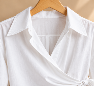 Women's <b>White</b> Wrap <b>Tie</b> Blouse Full Sleeve Balloon Sleeve Shirt Collar Poplin Cotton Loose Fit Spring Summer Everyday Wear - Product Image 5