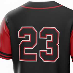 Maillot de baseball personnalisé noir et rouge par sublimation, uniforme d'équipe à boutons, en maille polyester respirante, col en V, manches courtes, pour toutes les saisons - Product Image 4