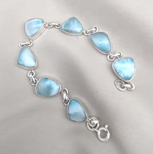 925 Sterling <b>Silver</b> Larimar <b>Bracelet</b> Trillion Shape Bezel Link Natural Blue Gemstone <b>Bracelet</b> Handmade Jewelry Wholesale Jewelry - Product Image 1