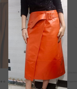 Women <b>High</b> Waist Orange PU Leather Wrap Skirt <b>Knee</b>-Length Solid Color Belted Design All Seasons Style - Product Image 5