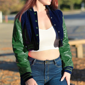 Veste courte universitaire pour femme, bleu marine et vert, style Letterman, manteau bomber, manches en similicuir, vêtement d'extérieur décontracté, mode féminine - Product Image 3