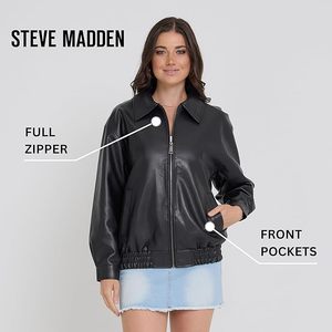 Women's Black PU Leather Bomber Jacket With <b>Zipper</b> Closure Turn Down Collar Full Sleeve Autumn Style - Product Image 5