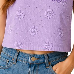 Top Corto Morado Lavanda con Bordado Floral para Mujer, Chaleco de Verano sin Mangas de Algodón, Top Casual de Moda Urbana con Logotipo Personalizado - Product Image 5