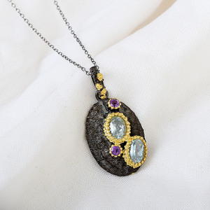 Colgante Vintage de Plata de Ley S925 con Amatista y Topacio Azul, Engaste de Bisel Chapado en Oro de 18K, Amuleto para Uso Diario - Product Image 3