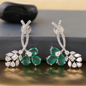 14K White Gold Fine <b>Dangle</b> <b>Earrings</b> 6.39 CT Green Pear Emerald Lab Grown <b>Diamond</b> Floral Drop Elegant Design - Product Image 2