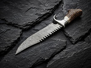Cuchillo de caza hecho a mano de acero de Damasco con hoja fija de punta caída, filo dentado y mango de cuerno, con funda de cuero - Product Image 4