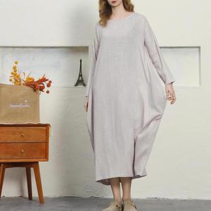 Premium Grey O-Neck Maxi <b>Dress</b> With Full Sleeves <b>Loose</b> Boho Style 100% Linen Summer Casual <b>Dress</b> For Women - Product Image 6