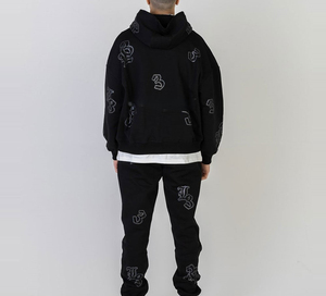 Ensemble de survêtement streetwear entièrement orné de strass, avec sweat à capuche zippé et pantalon évasé brodé effet délavé - Product Image 2