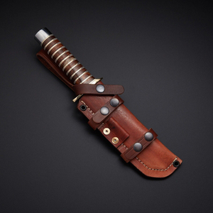 Couteau de chasse et de camping Bowie en acier Damas fait main OEM, manche en bois, garde en acier, pointe tombante, pour survie en extérieur, étui en cuir - Product Image 3